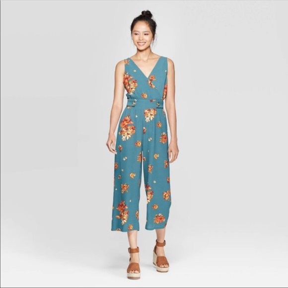 Xhilaration Pants - Xhilaration Teal Floral Wide Leg Crop Jumpsuit